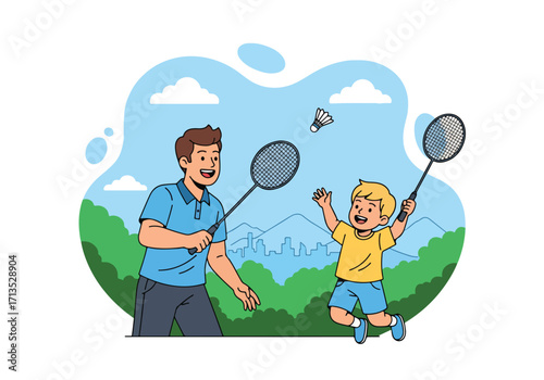 Adobe illustrator artwork vector illustration. A father and son happily playing badminton outdoors, sharing an active and fun family moment with a scenic city and mountain backdrop