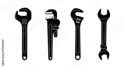 Set of four black silhouette wrenches and pipe wrenches isolated on vector