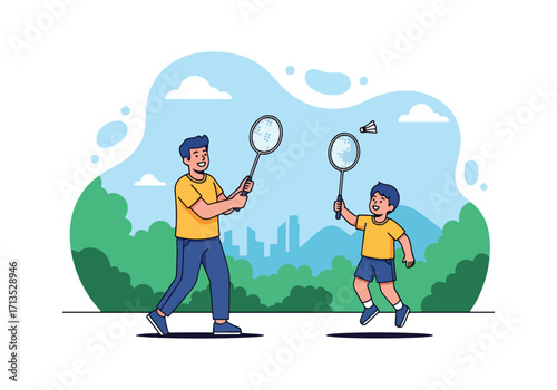 Adobe illustrator artwork vector illustration. A father and son happily playing badminton outdoors, sharing an active and fun family moment with a scenic city and mountain backdrop
