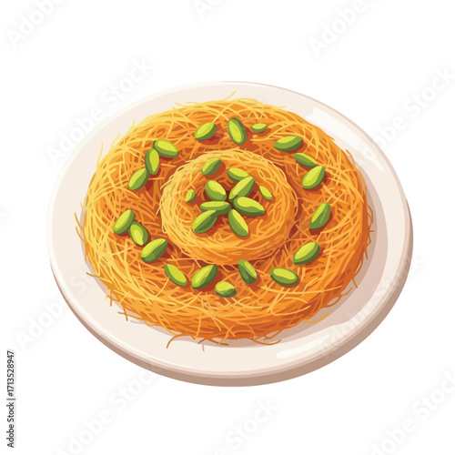 Delicious Knafeh pastry topped with vibrant green pistachios, a sweet Middle Eastern dessert beautifully presented on a white plate