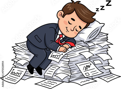 businessmans paper mountain nap exhaustion and overwork, isolated on transparent background