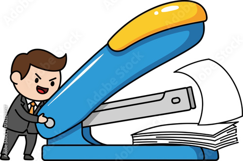 businessmans stapler struggle a hilarious office cartoon, isolated on transparent background