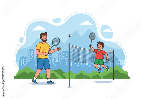 Adobe illustrator artwork vector illustration. A father and son happily playing badminton outdoors, sharing an active and fun family moment with a scenic city and mountain backdrop
