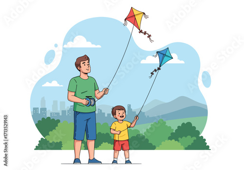 Adobe illustrator artwork vector illustration. A father and son flying a colorful kite in a park, sharing a joyful moment with a city skyline and mountains in the background