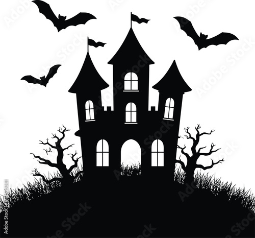 Spooky castle bats haunted trees halloween