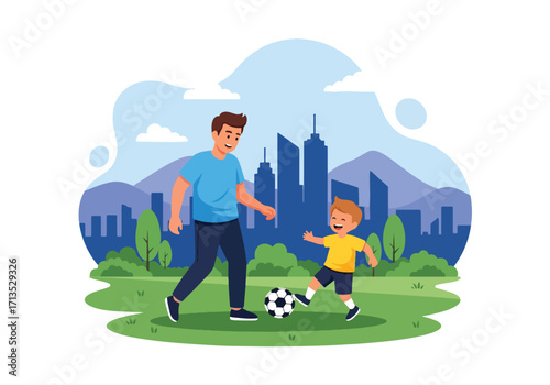 Adobe illustrator artwork vector illustration. A father and son play soccer in a park, enjoying quality time and sports amidst a vibrant natural and urban landscape