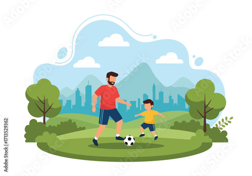 Adobe illustrator artwork vector illustration. A father and son play soccer in a park, enjoying quality time and sports amidst a vibrant natural and urban landscape