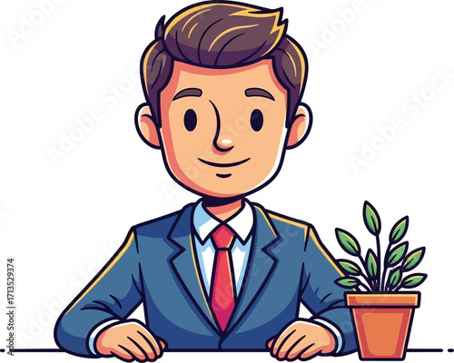 confident businessperson with growing plant symbol of success and sustainable growth, isolated on transparent background