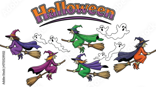 Halloween witch and ghost flying broom spooky and fun halloween illustration with witch and ghost