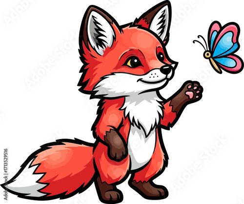 curious fox and flutterby a moment of gentle wonder, isolated on transparent background