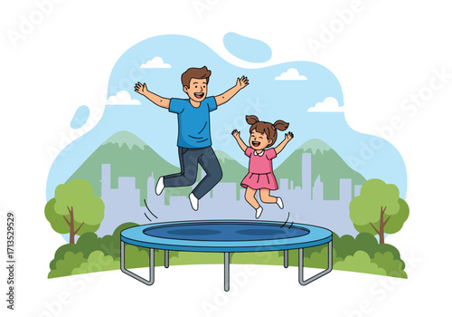 Adobe illustrator artwork vector illustration. A happy father and daughter joyfully jumping on a trampoline outdoors, celebrating fun family moments with a cityscape view