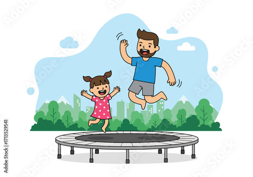 Adobe illustrator artwork vector illustration. A happy father and daughter joyfully jumping on a trampoline outdoors, celebrating fun family moments with a cityscape view