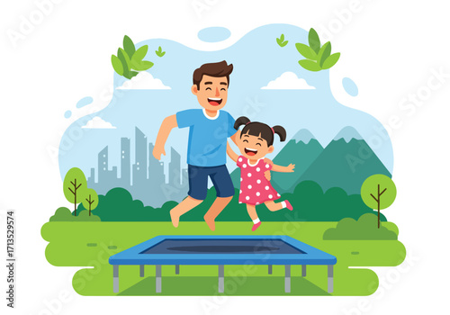 Adobe illustrator artwork vector illustration. A happy father and daughter joyfully jumping on a trampoline outdoors, celebrating fun family moments with a cityscape view