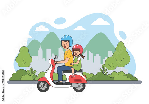 Adobe illustrator artwork vector illustration. A father and son play soccer in a park, enjoying quality time and sports amidst a vibrant natural and urban landscape
