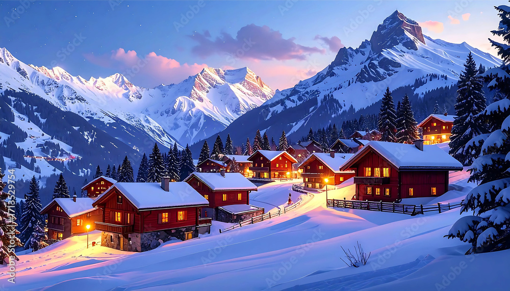 Fototapeta premium Peaceful Winter Alpine Village Scenery with Snow Capped Mountain Backdrop
