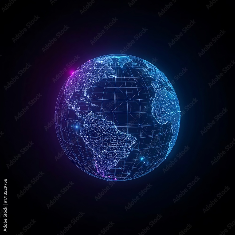 Fototapeta premium Holographic Earth A Futuristic Blue Globe with Glowing Purple Accents Against a Black Background