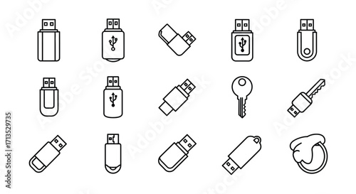 Collection of usb flash drives and digital storage devices hand drawn icons for technology themes vector