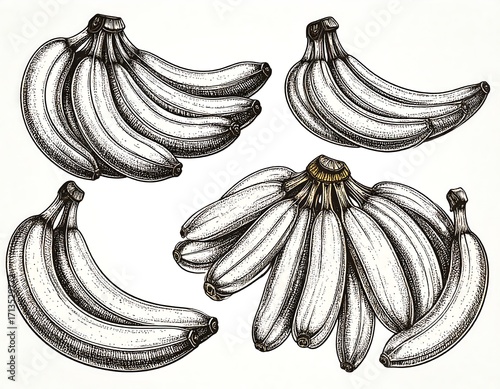 Detailed hand-drawn illustrations of bunches of bananas