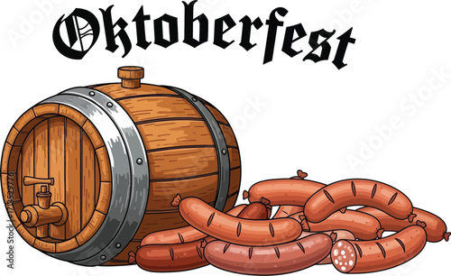 Oktoberfest illustration featuring a wooden barrel and sausages for festive celebrations