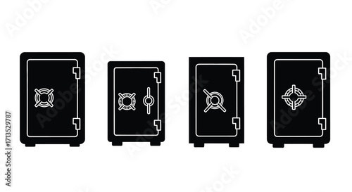 Collection of four black safes showing different security dial and handle designs vector