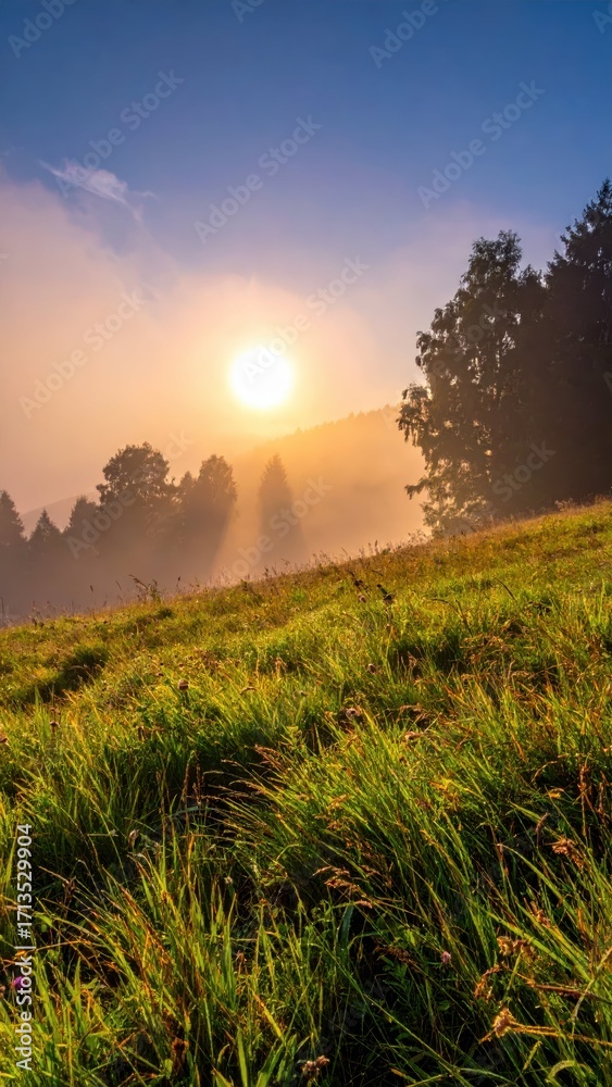 Fototapeta premium Misty Sunrise Over Serene Meadow with Lush Green Grass