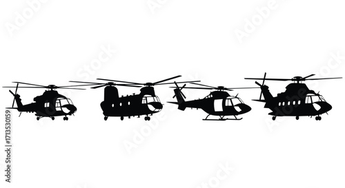 Diverse military helicopter fleet silhouettes isolated on white demonstrating air power and aviation technology vector
