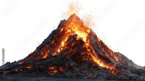 Fiery volcano erupting with lava and smoke isolated on transparent background