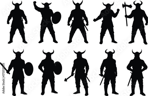 Silhouette Viking warriors in various battle poses holding swords, shields, and axes, medieval fighter illustration, Norse mythology, ancient warrior vector graphic