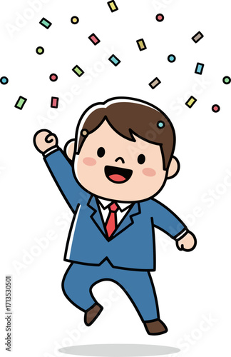 joyful businessman celebrates success a leap of excitement and confetti, isolated on transparent background