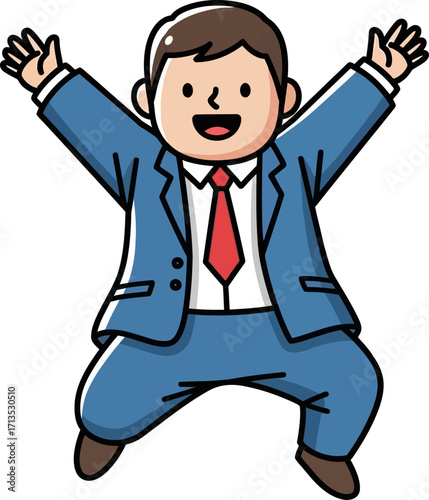 joyful businessman leap a cartoon celebration of success, isolated on transparent background