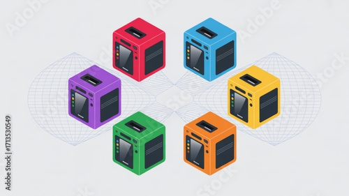 Isometric illustration of colorful server cubes, representing data storage, processing, and networking in a modern and visually appealing way