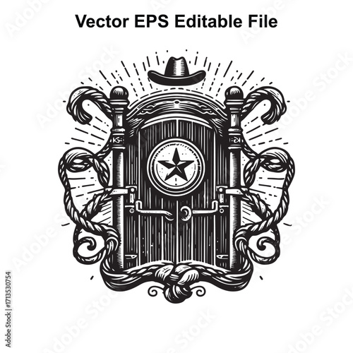 Vector art of western style emblem with cowboy hat, star, and rope