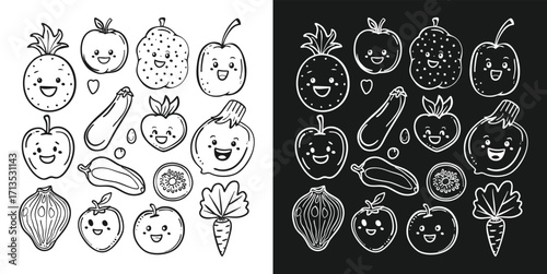 Playful doodle illustration of various fruits and vegetables with happy smiling faces in black and white, perfect for kids coloring pages, patterns, and fun designs.  
