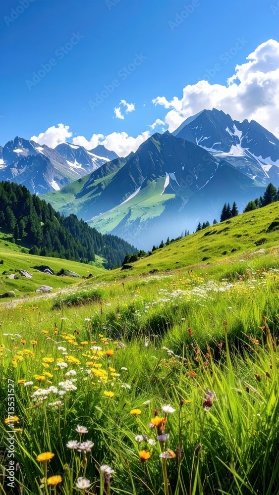 Fototapeta premium Scenic Mountain Landscape with Green Valley and Blue Sky