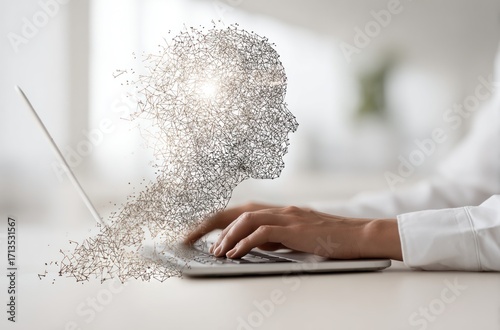 Abstract rendering of a head merging with data on a laptop, symbolizing intelligence. User types on keyboard, suggesting connection, thought process