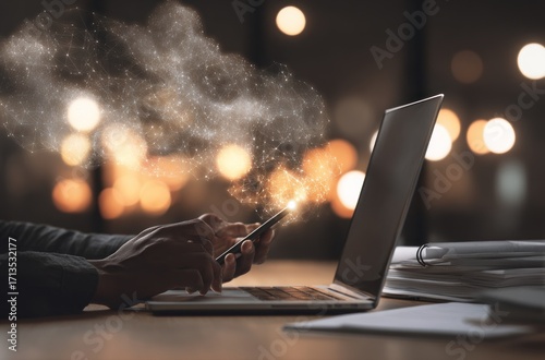 Person interacts with a glowing cloud network on a phone and laptop, in a warm office environment with bokeh background