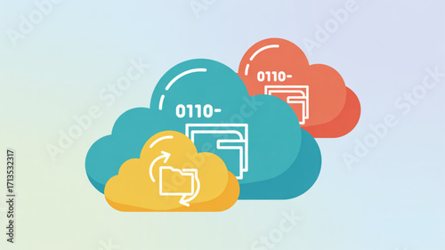 Cloud computing data transfer, illustrating seamless file sharing, backup, and synchronization across platforms, enhancing collaboration and accessibility