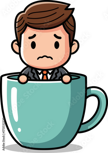 overwhelmed businessman a tiny figure in a giant mug, isolated on transparent background