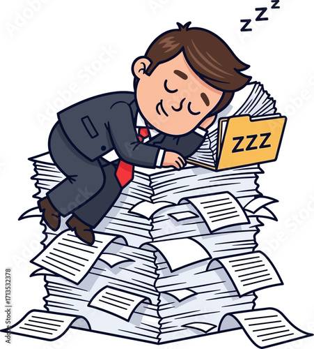 overworked businessman cartoon illustration of exhaustion, isolated on transparent background