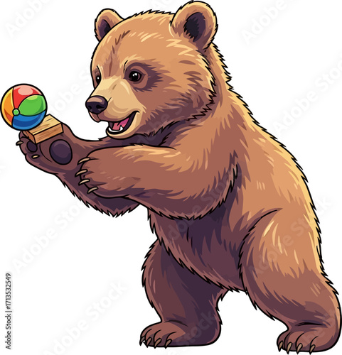 playful brown bear cub with colorful ball a delightful childrens illustration, isolated on transparent background