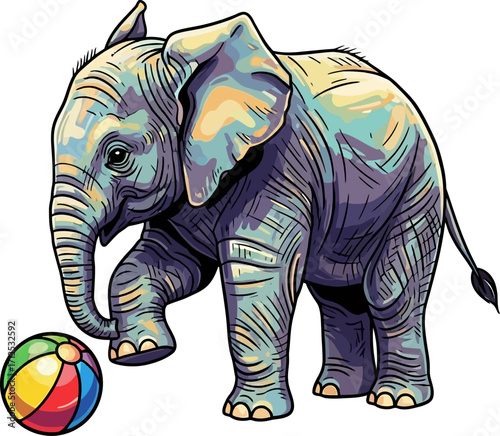 playful elephant calf and beach ball a symbol of joyful childhood, isolated on transparent background