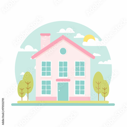 Charming pastel pink house illustration set in a serene neighborhood with fluffy clouds and a gentle sun, representing a cozy home and peaceful living
