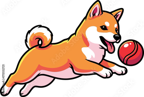 playful shiba inu joyful leap for a red ball, isolated on transparent background
