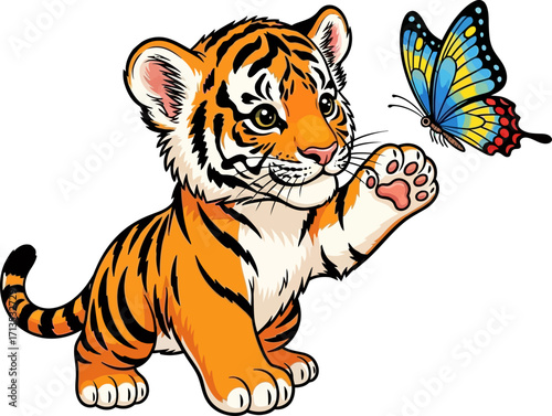 playful tiger cub beckons butterfly a whimsical wildlife encounter, isolated on transparent background