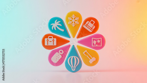 Vibrant travel icon flower featuring destinations and activities, perfect for vacation planning and adventure inspiration on a gradient background