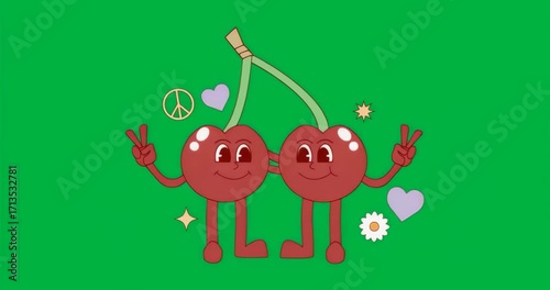 On start cherries spreading peace shifting bouncing with floating icons on clear background