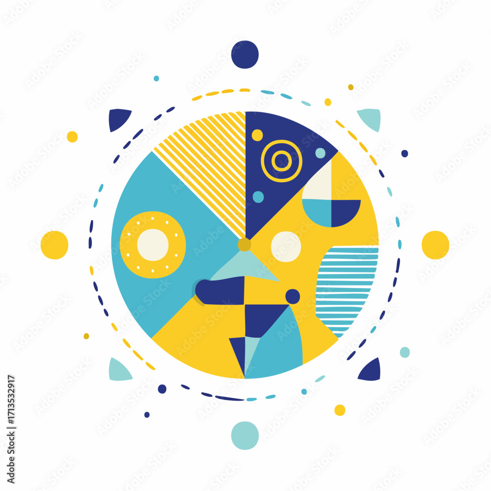 Obraz premium Abstract geometric illustration representing interconnectedness and dynamic systems, featuring a vibrant interplay of shapes and colors in a balanced composition