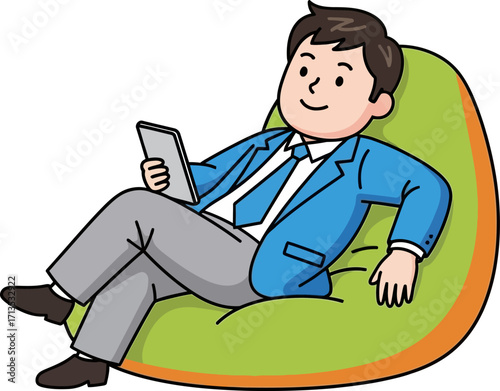 relaxed businessman in beanbag chair digital calmness, isolated on transparent background