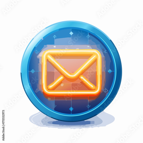 Luminous digital mail symbol glowing with neon light inside a circular blue icon, representing modern communication