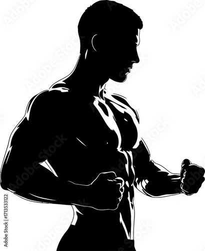 silhouette of a muscular man contemplation and strength, isolated on transparent background